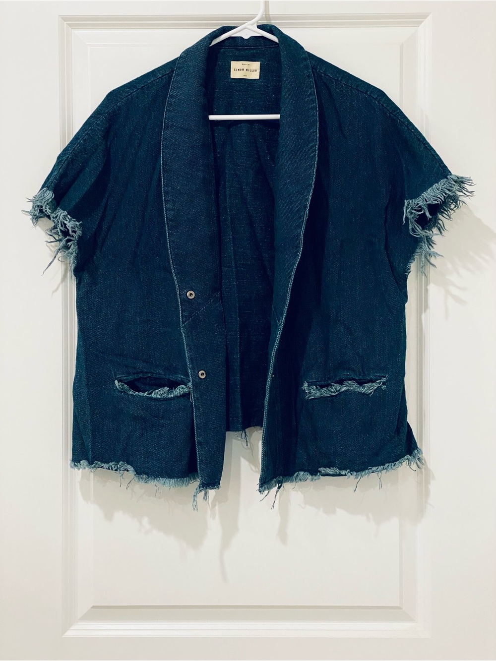 Simon Miller Oversized Denim Vest Raw Hem Open Front Jacket Made in USA